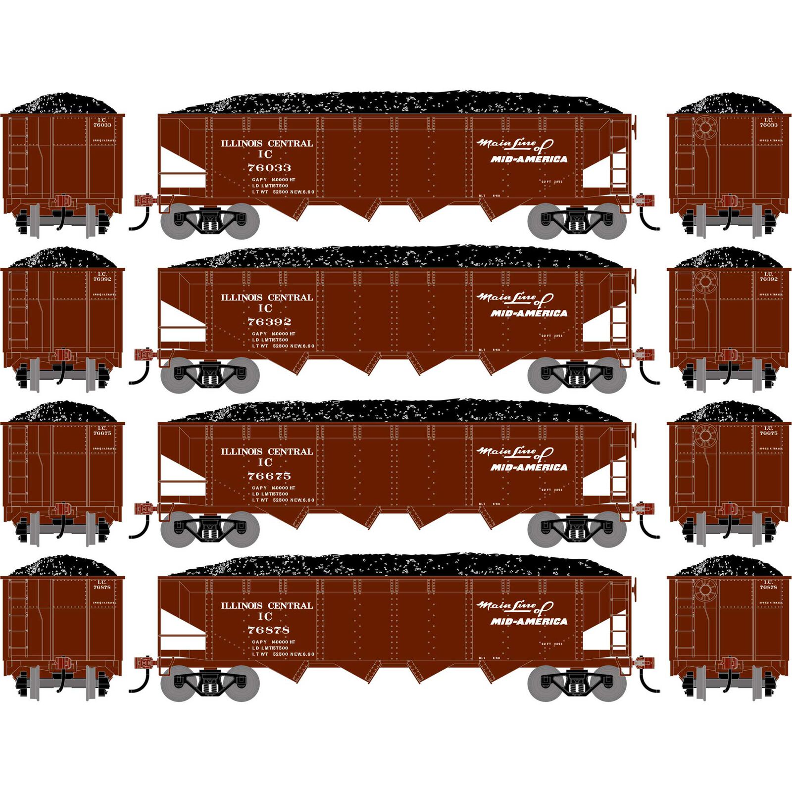 HO ATH 40' 4-Bay Offset Hopper with Load, IC #76033/76392/76675/76878 (4)