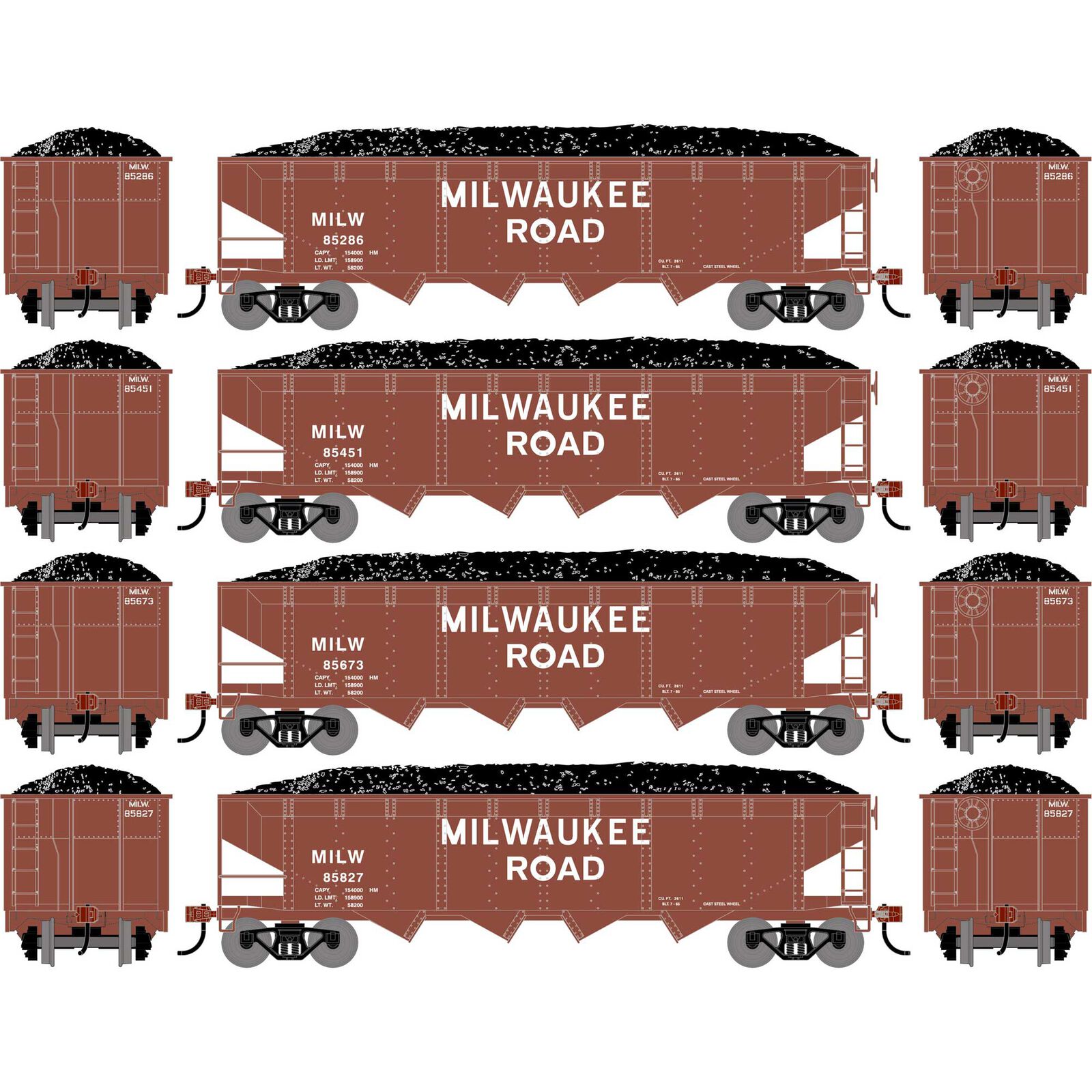 HO ATH 40' 4-Bay Offset Hopper with Load, MILW #85286/85451/85673/85827 (4)
