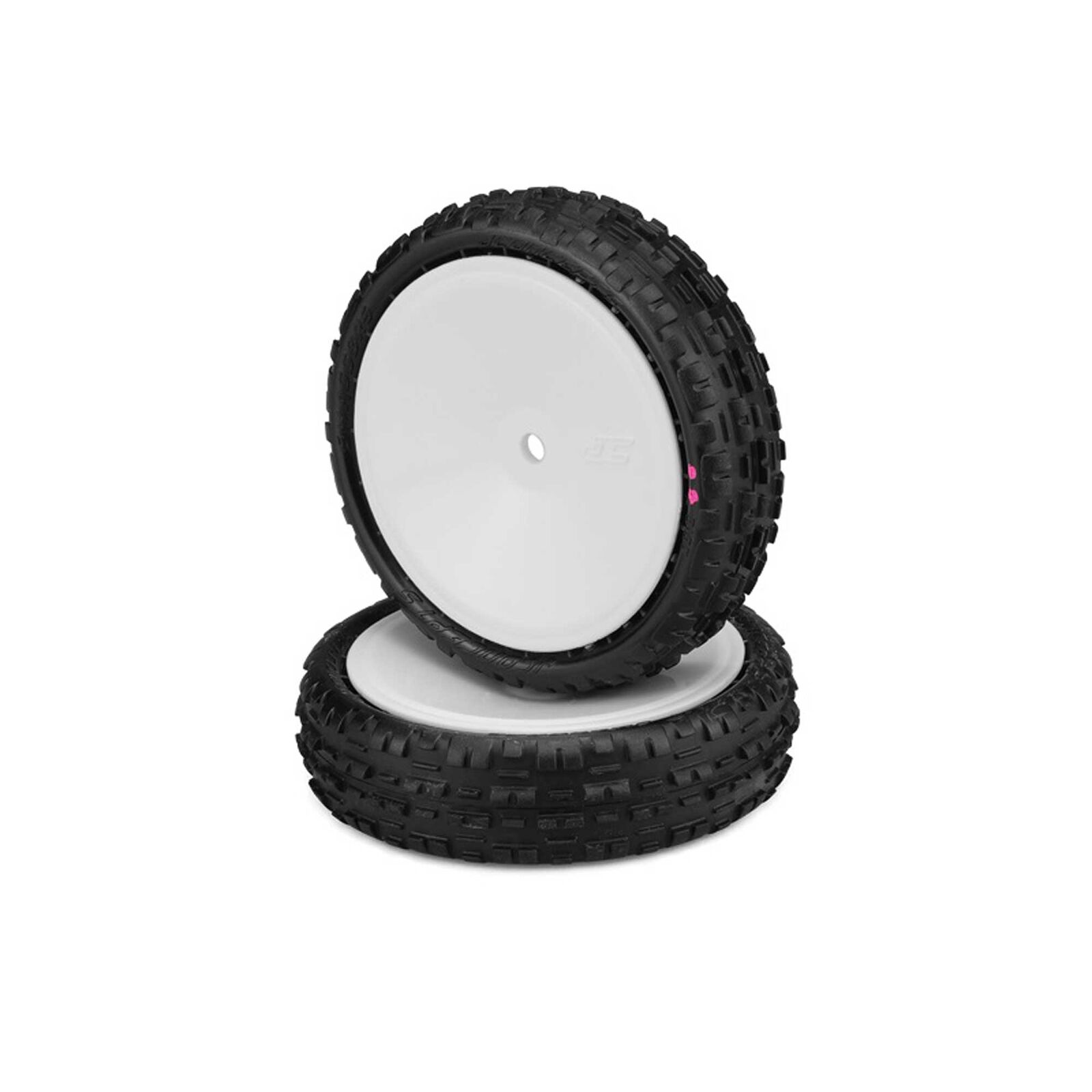 1/10 Swaggers Slim 2.2” Pre-Mounted Front 2WD Buggy Tires, White Wheels, Pink Compound (2)