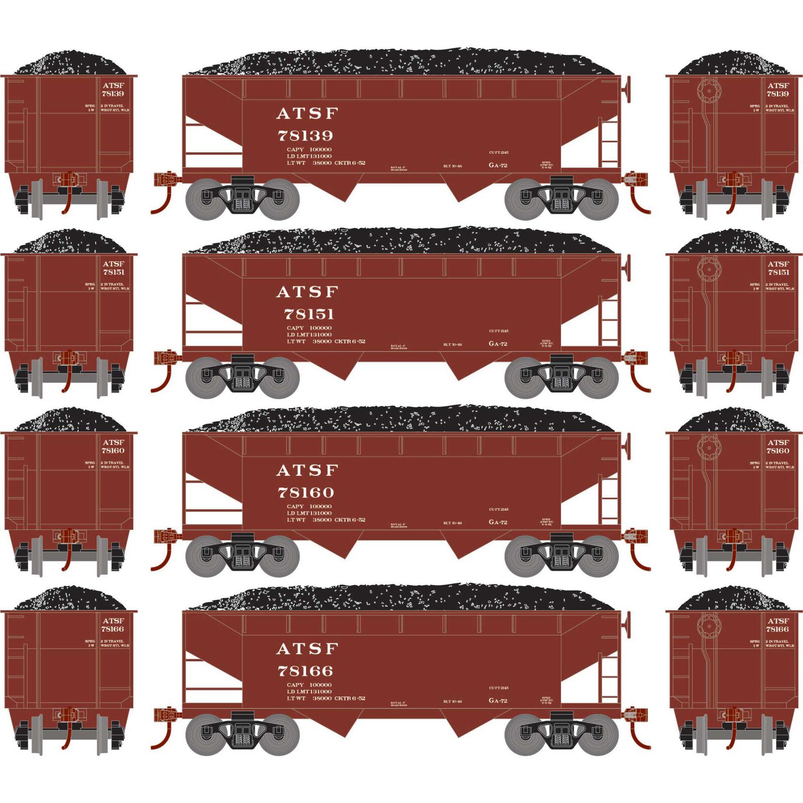 HO 34' 2-Bay Offset Hopper with Coal Load, ATSF #78139 / 78151 / 78160 / 78166 (4)