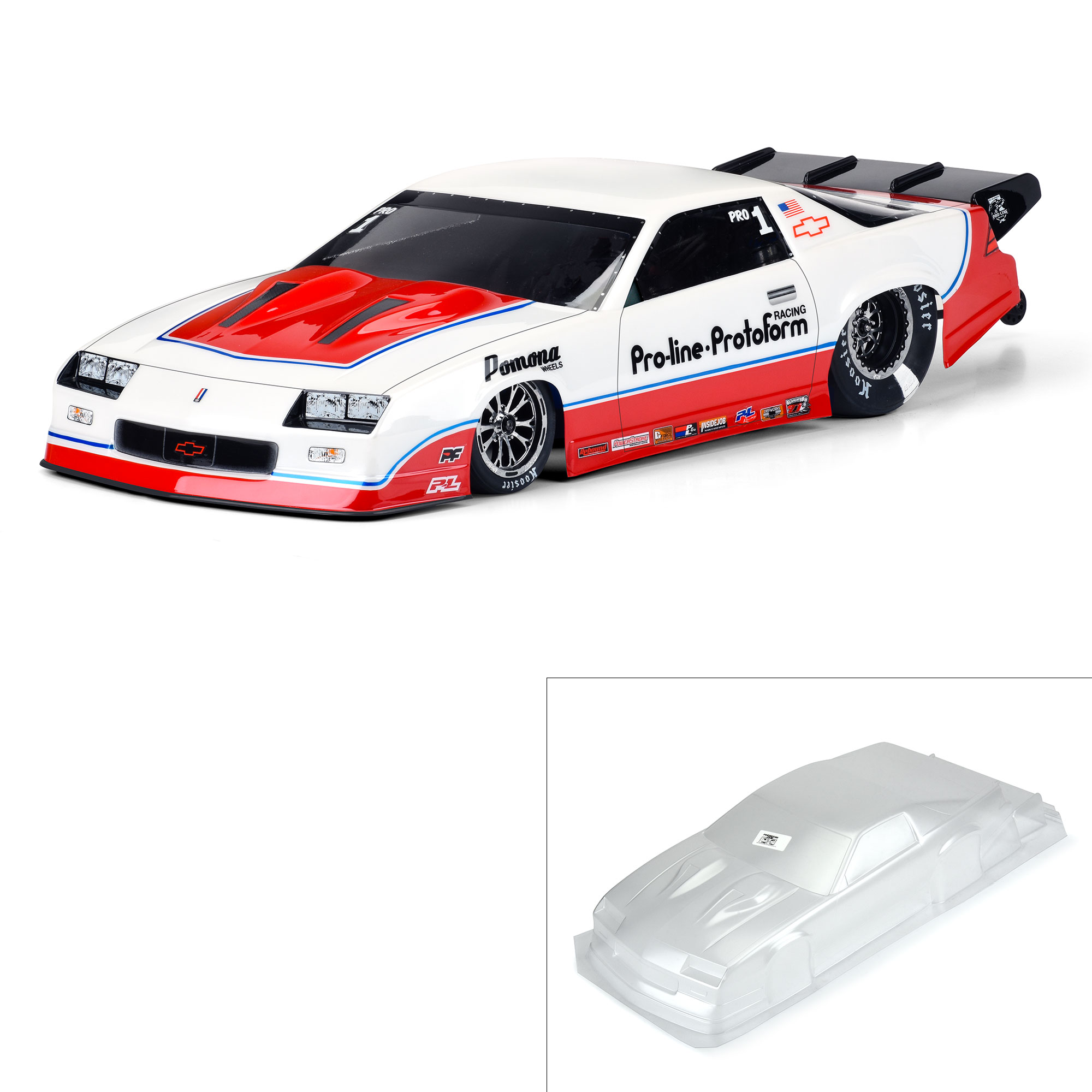 Pro Line Racing 1 10 1985 Chevrolet Camaro IROC Z Clear Body Drag Car Horizon Hobby