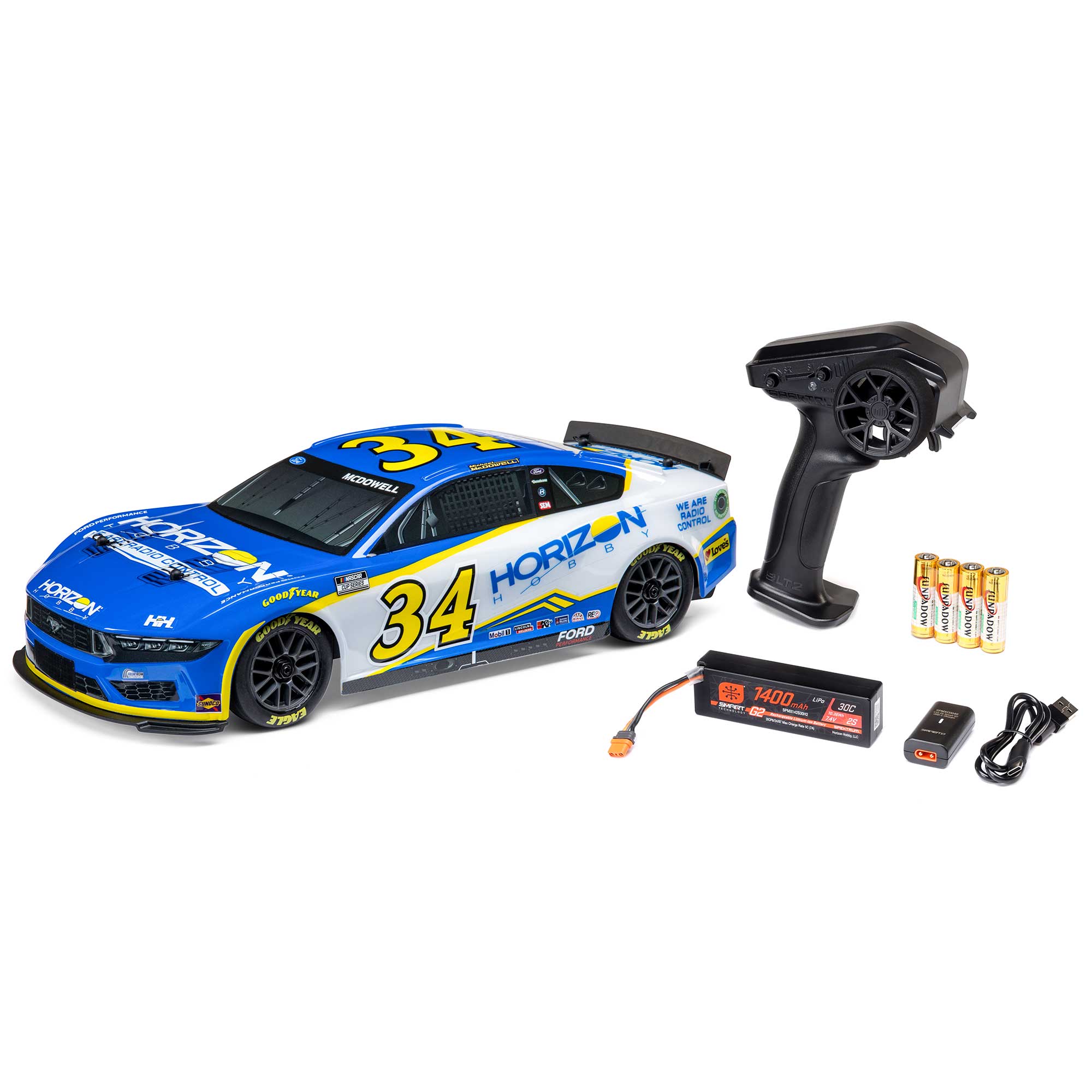 1/12 Losi NASCAR AWD RC Racecar, Michael McDowell No. 34 Horizon Hobby 2024 Ford Mustang