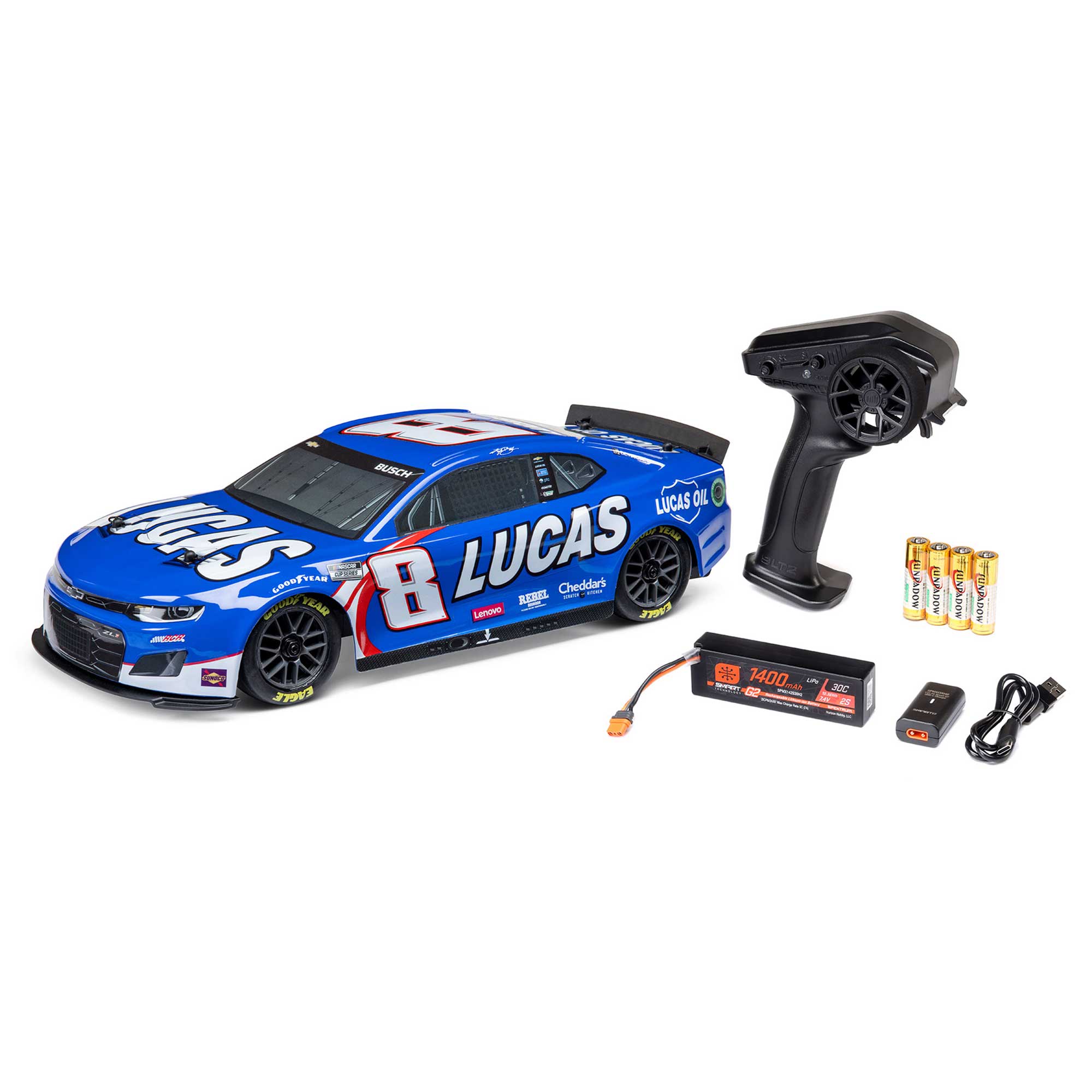 Losi 1 12 NASCAR RC Racecar Kyle Busch No. 8 2024 Lucas Oil Chevrolet ZL1 Camaro 2S AWD RTR Brushed On Road Battery Charger Included Blue Horizon Hobby